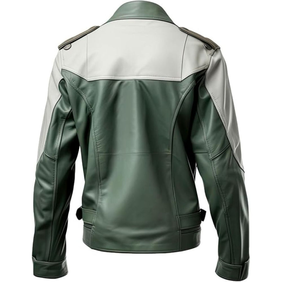 Men's Army Green Off-White Genuine Sheepskin Military Leather Jacket