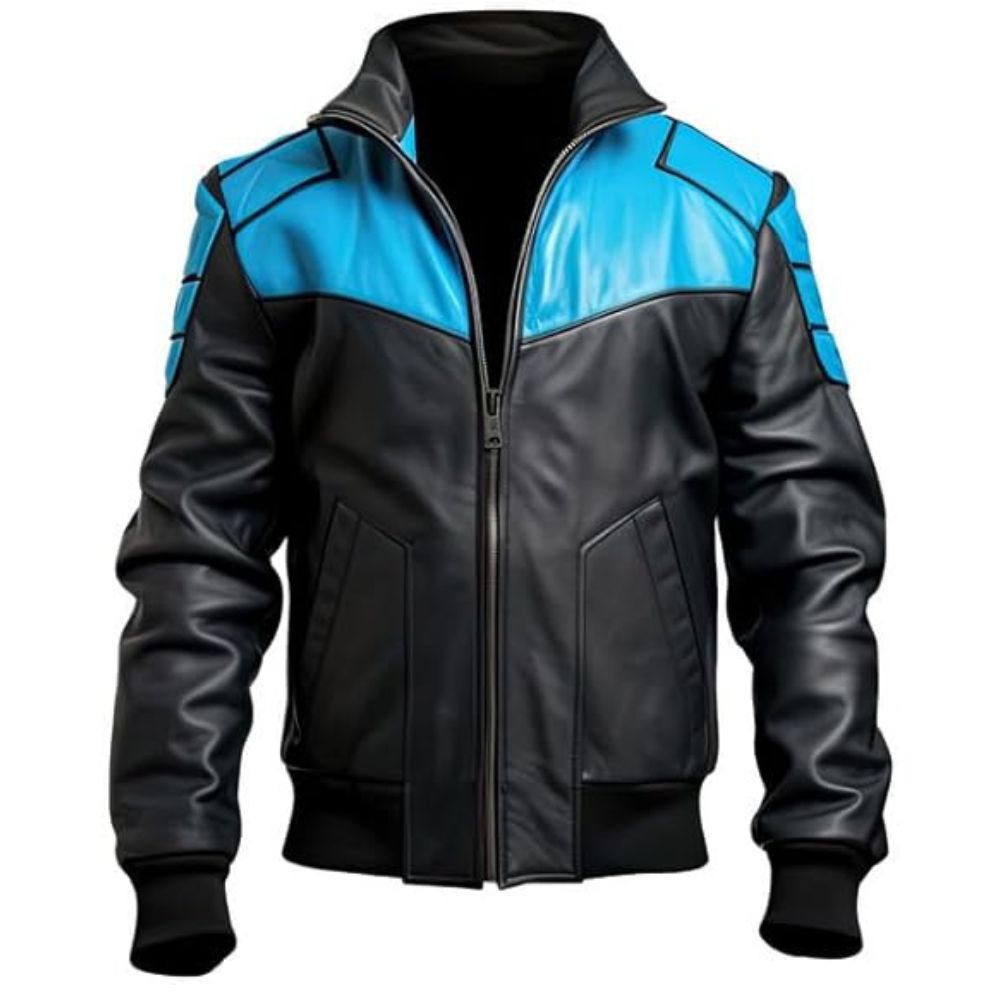 Men's Black Blue Genuine Sheepskin Quilted Bomber Biker Leather Jacket