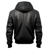 Men's Black Bomber Hooded Biker Genuine Cowhide Leather Jacket