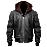 Men's Black Bomber Hooded Biker Genuine Cowhide Leather Jacket