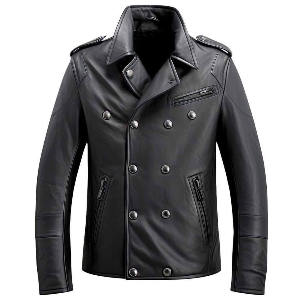 Men's Classic Black Double Breasted Pure Sheepskin Leather Coat