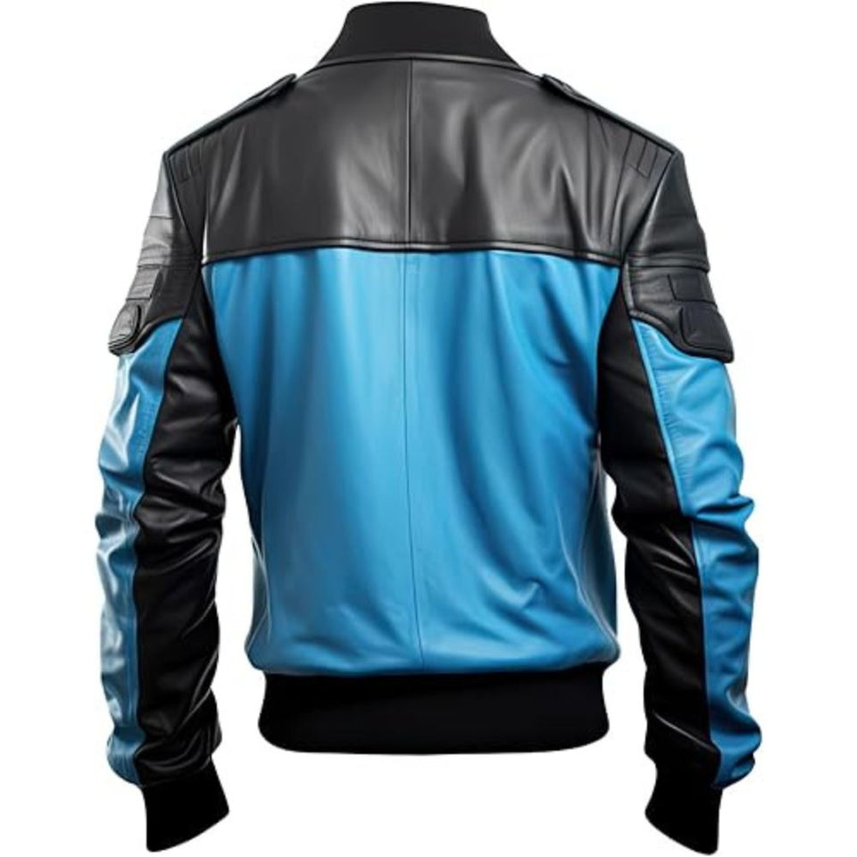 Men’s Blue Black Bomber Premium Sheepskin Biker Leather Jacket