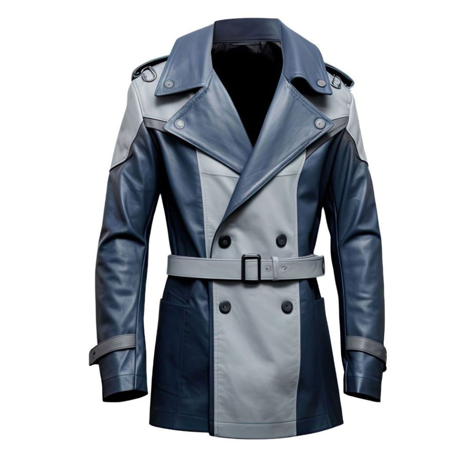 Men's Blue Crossover Lapel Collar Sheepskin Leather Trench Coat