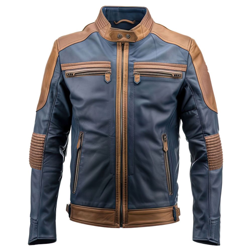 Men’s Blue Motorcycle Quilted Genuine Sheepskin Leather Jacket