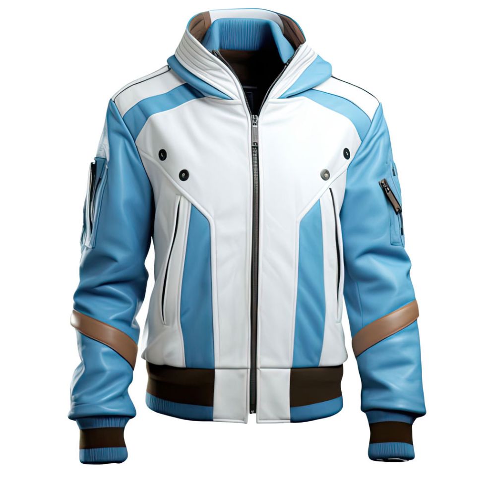 Men's Blue-White Genuine Sheepskin Bomber Biker Style Leather Jacket