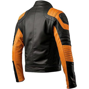 Men's Bold Black Orange Contrast Genuine Sheepskin Biker Style Jacket