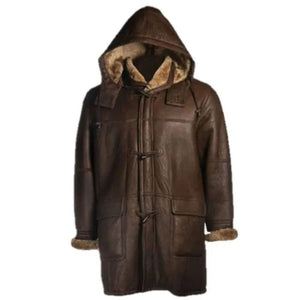 Men’s Brown Hooded Shearling Genuine Sheepskin Leather Duffel Coat