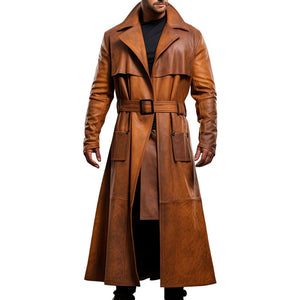 Men’s Distressed Brown Long Fitted Trench Premium Sheepskin Leather Coat