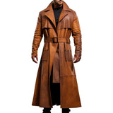 Men’s Distressed Brown Long Fitted Trench Premium Sheepskin Leather Coat