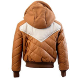 Men's Brown Genuine Sheepskin Quilted Hooded Bomber Leather Jacket