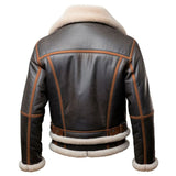 Men's Brown Faux Shearling Fur Aviator Genuine Sheepskin Leather Jacket