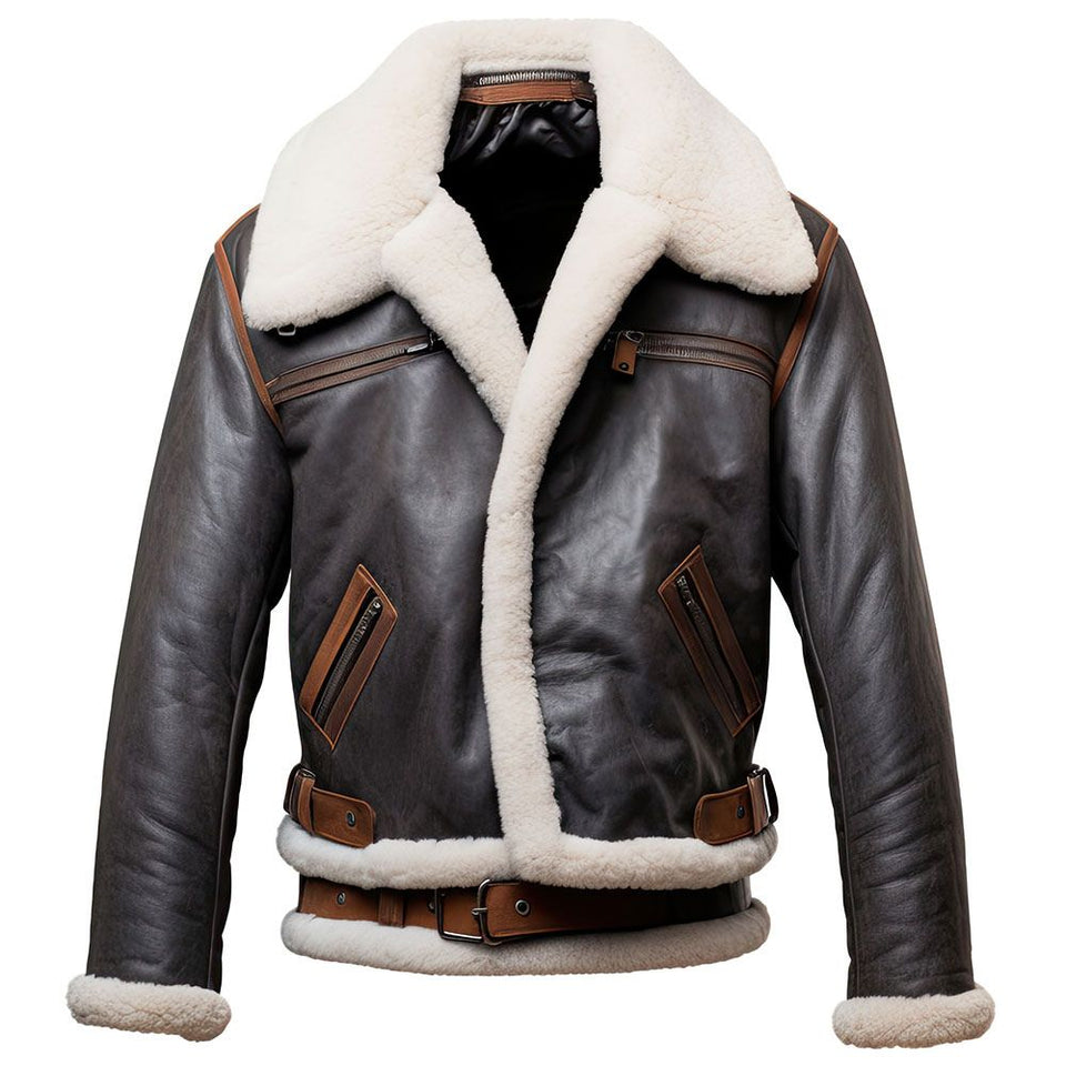 Men's Brown Faux Shearling Fur Aviator Genuine Sheepskin Leather Jacket