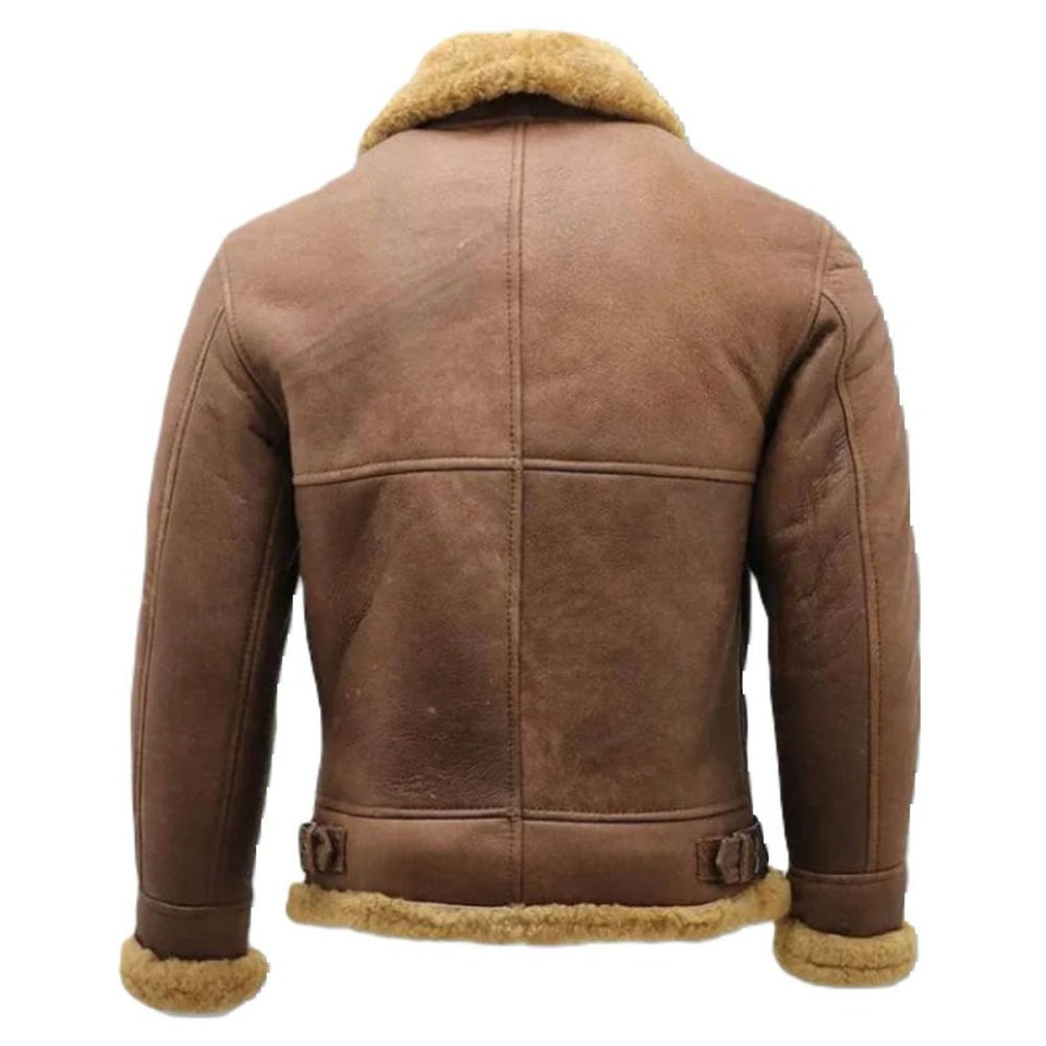 Men's Brown Faux Shearling Fur Bomber Premium Sheepskin Leather Jacket