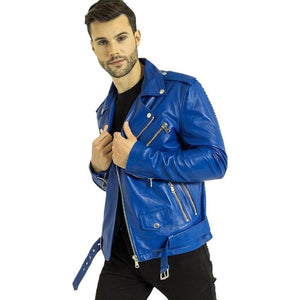 Men's Blue Brando Genuine Sheepskin Motorcycle Leather Jacket