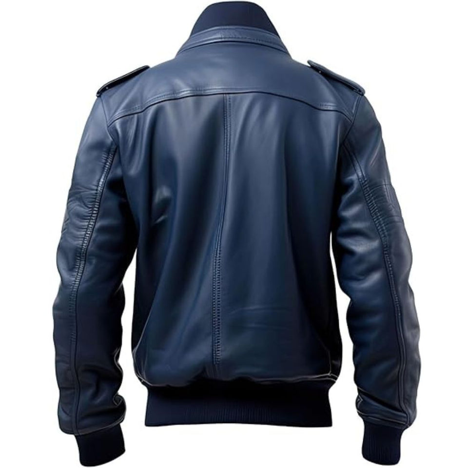 Men’s Classic Blue Mandarin Collar Bomber Sheepskin Leather Jacket