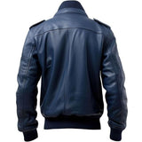 Men’s Classic Blue Mandarin Collar Bomber Sheepskin Leather Jacket