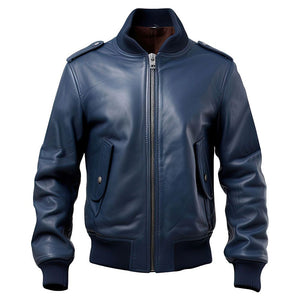 Men’s Classic Blue Mandarin Collar Bomber Sheepskin Leather Jacket