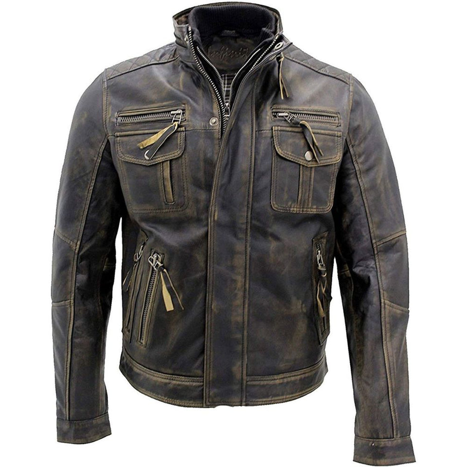 Men's Distressed Brown Motorcycle Genuine Cowhide Leather Jacket