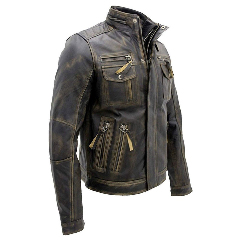 Men's Distressed Brown Motorcycle Genuine Cowhide Leather Jacket