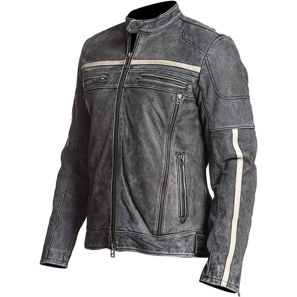 Men’s Grey Moto-Racer Vintage Genuine Cowhide Leather Jacket