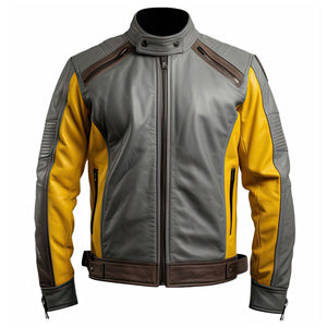 Men's Grey Mustard Genuine Sheepskin Stand Collar Biker Leather Jacket