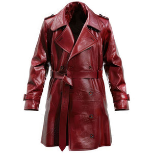 Men’s Distressed Maroon Double-Breasted Sheepskin Trench Leather Coat