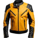 Men's Mustard-Yellow Black Cafe Racer Genuine Sheepskin Leather Jacket