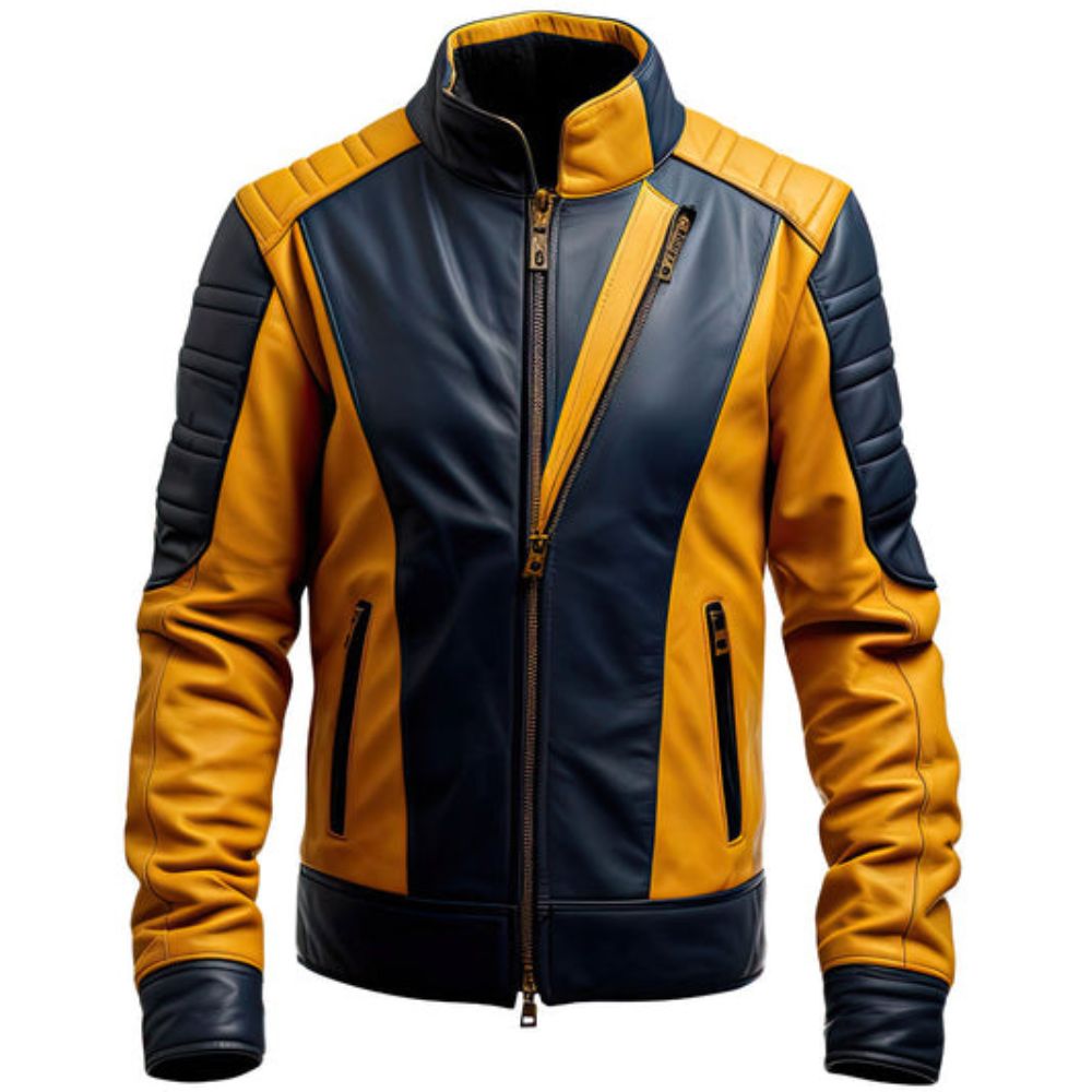 Men's Mustard Yellow-Black Genuine Sheepskin Motorcycle Leather Jacket