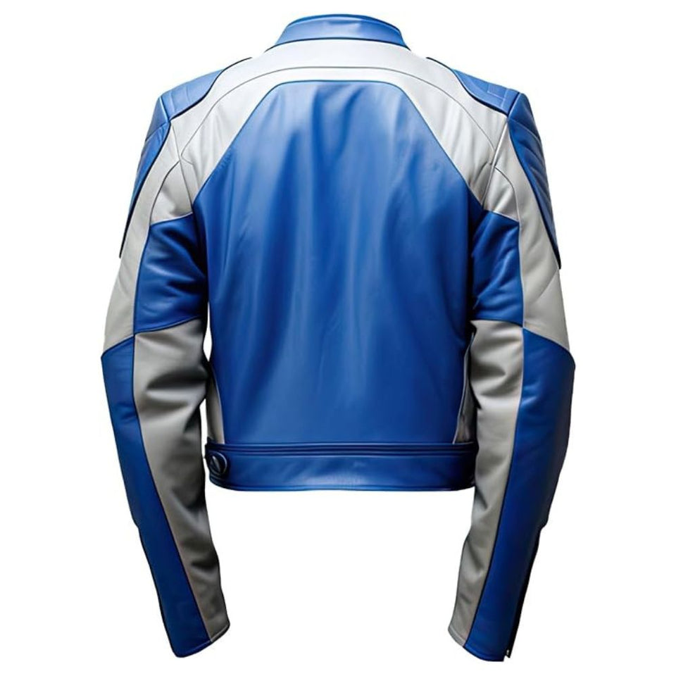 Men's White Royal Blue Quilted Shoulders Motorcycle Premium Leather Jacket