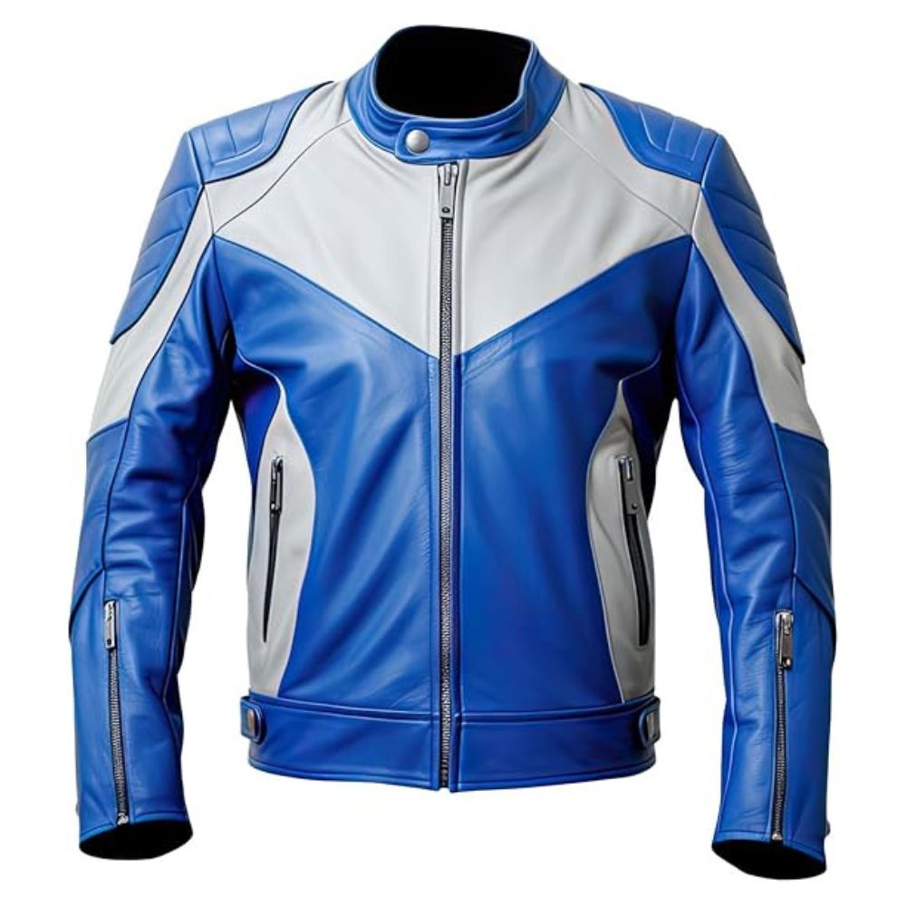 Men's White Royal Blue Quilted Shoulders Motorcycle Premium Leather Jacket