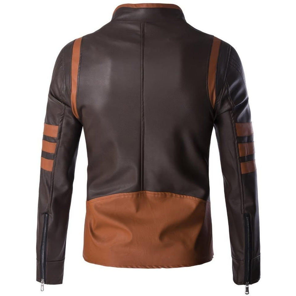 Men’s Wolverine Brown Pure Sheepskin Retro Strips Moto Leather Jacket