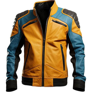 Men's Yellow Contrasted Genuine Sheepskin Moto Biker Leather Jacket