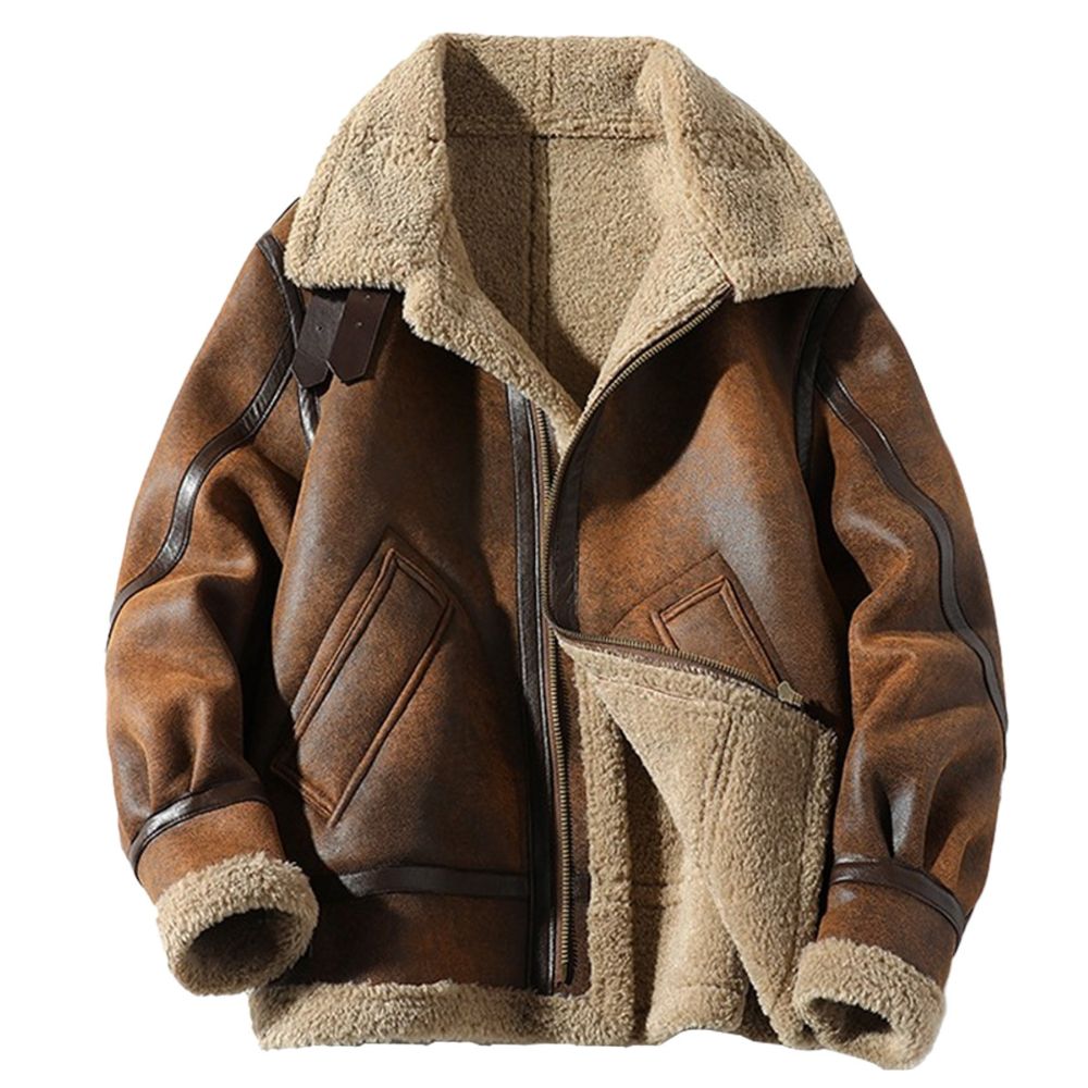 Men’s Distressed Brown Faux Shearling Fur Aviator B3 Bomber Leather Jacket