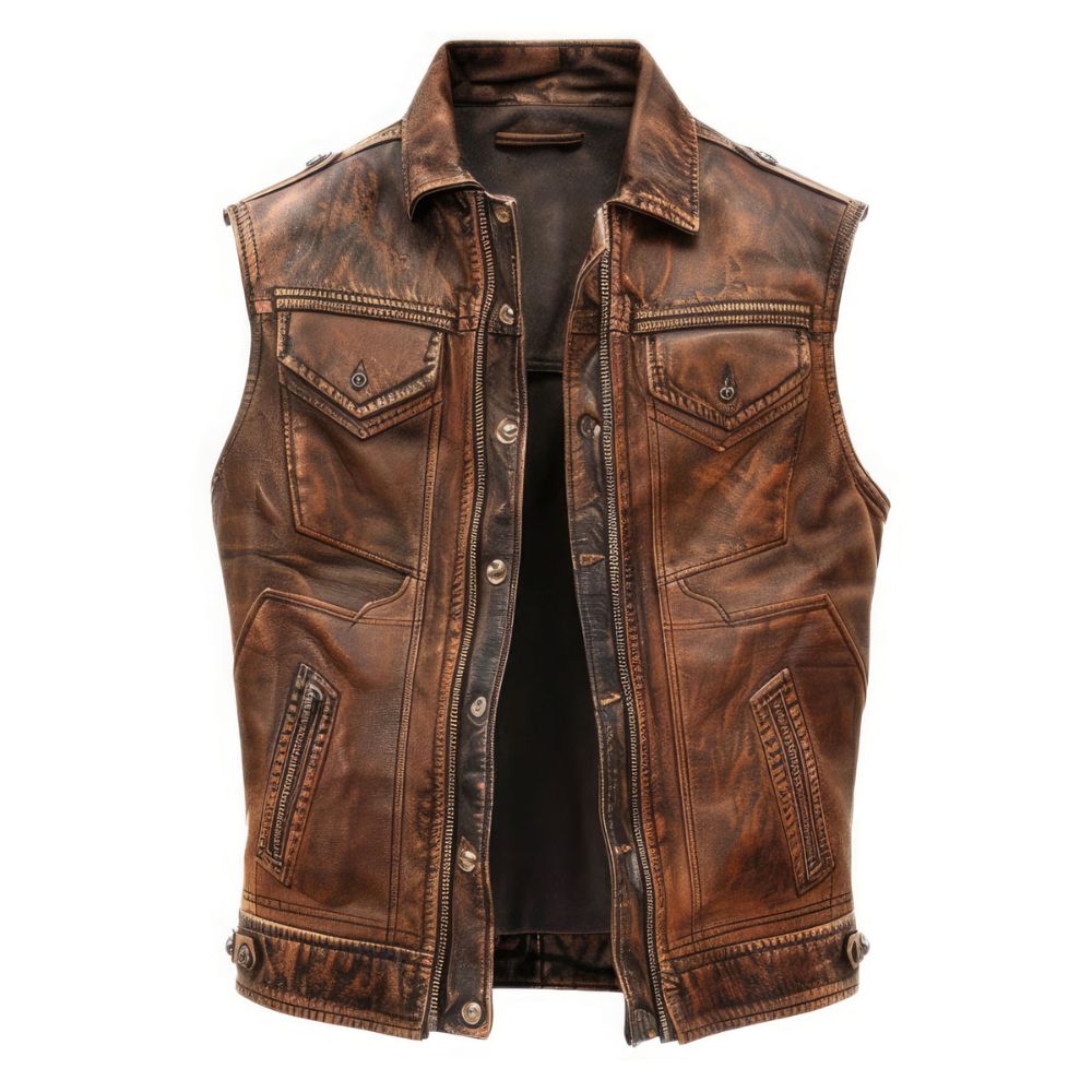 Men's Vintage Distressed Brown Premium Leather Motorcycle Vest