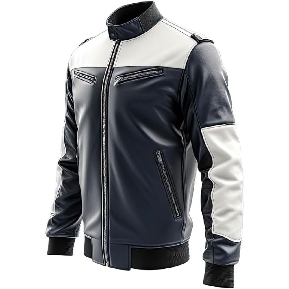 Men’s Blue Brando Slim-Fit Genuine Sheepskin Biker Leather Jacket