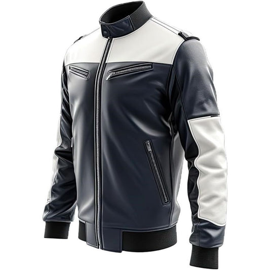 Men’s Blue Brando Slim-Fit Genuine Sheepskin Biker Leather Jacket