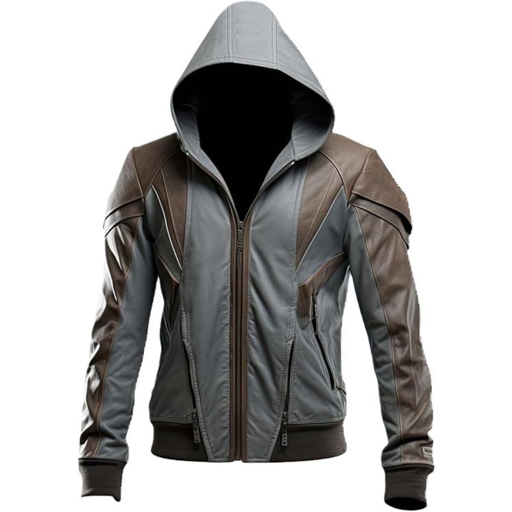 Men’s Grey Hooded Slim-Fit Genuine Sheepskin Biker Leather Jacket