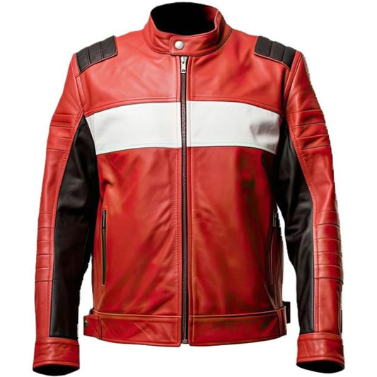 Men's Red with Black/White Cafe Racer Motorcycle Genuine Sheep Skin Leather Jacket