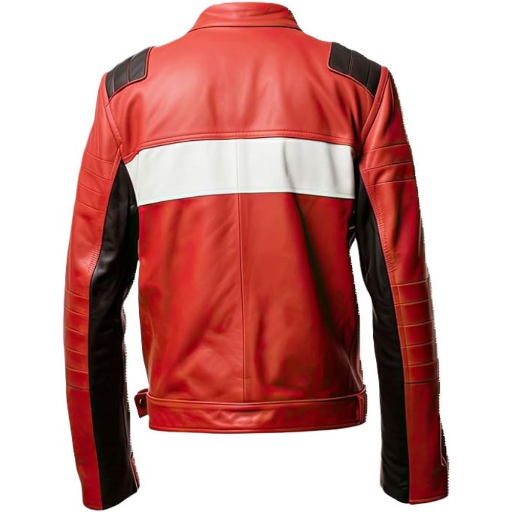 Men's Red with Black/White Cafe Racer Motorcycle Genuine Sheep Skin Leather Jacket