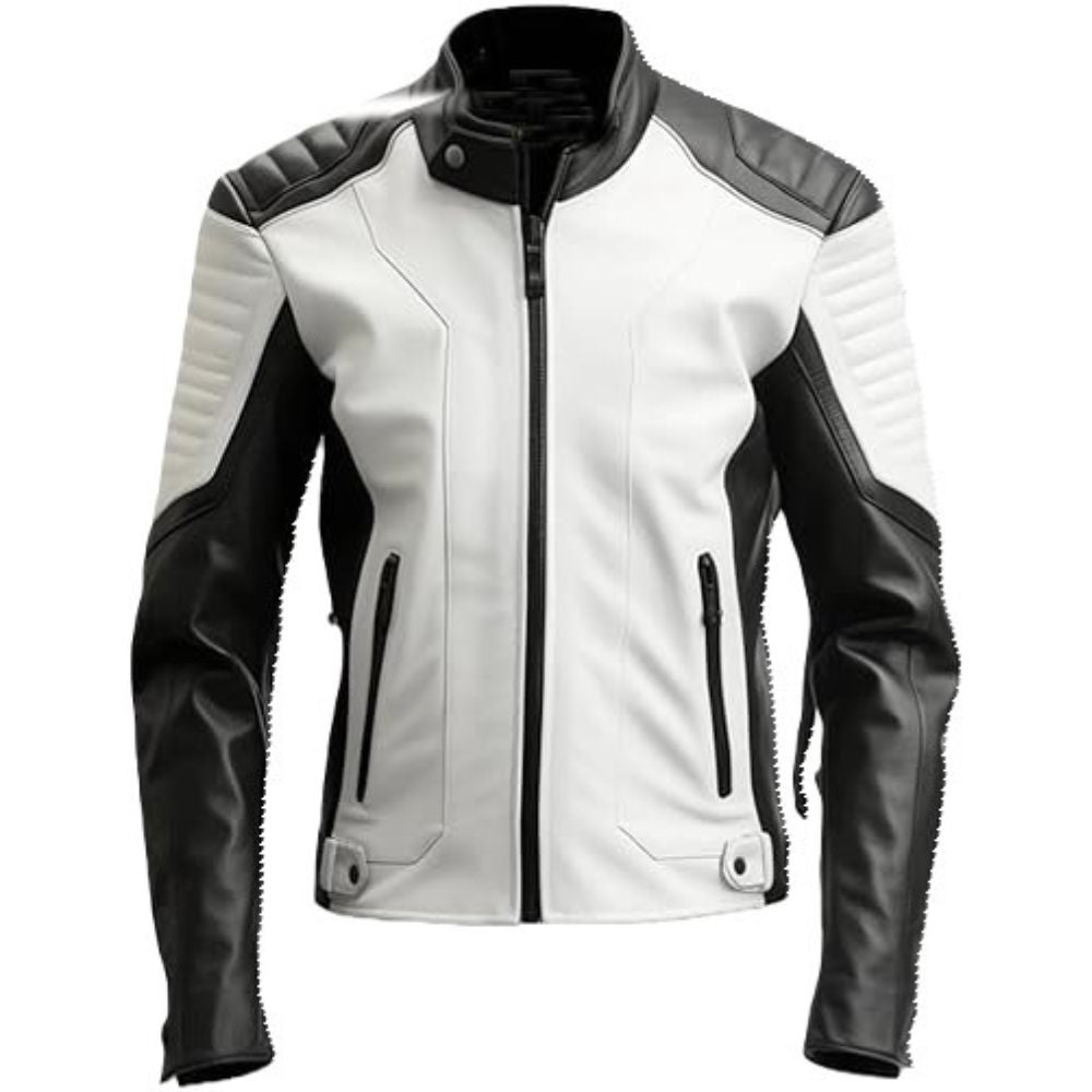 Men’s Striking Black White Genuine Sheepskin Biker Leather Jacket