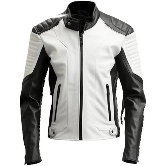 Men’s Striking Black White Genuine Sheepskin Biker Leather Jacket