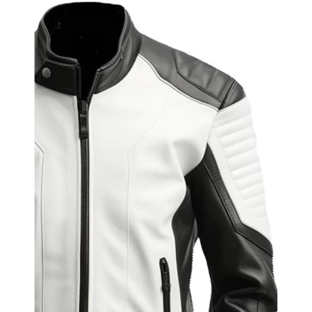Men’s Striking Black White Genuine Sheepskin Biker Leather Jacket