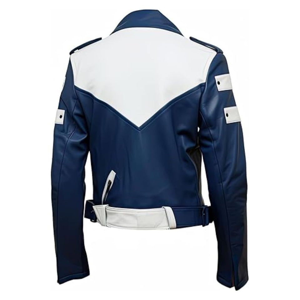 Men’s Blue Asymmetric Crossover Genuine Sheepskin Rider Leather Jacket