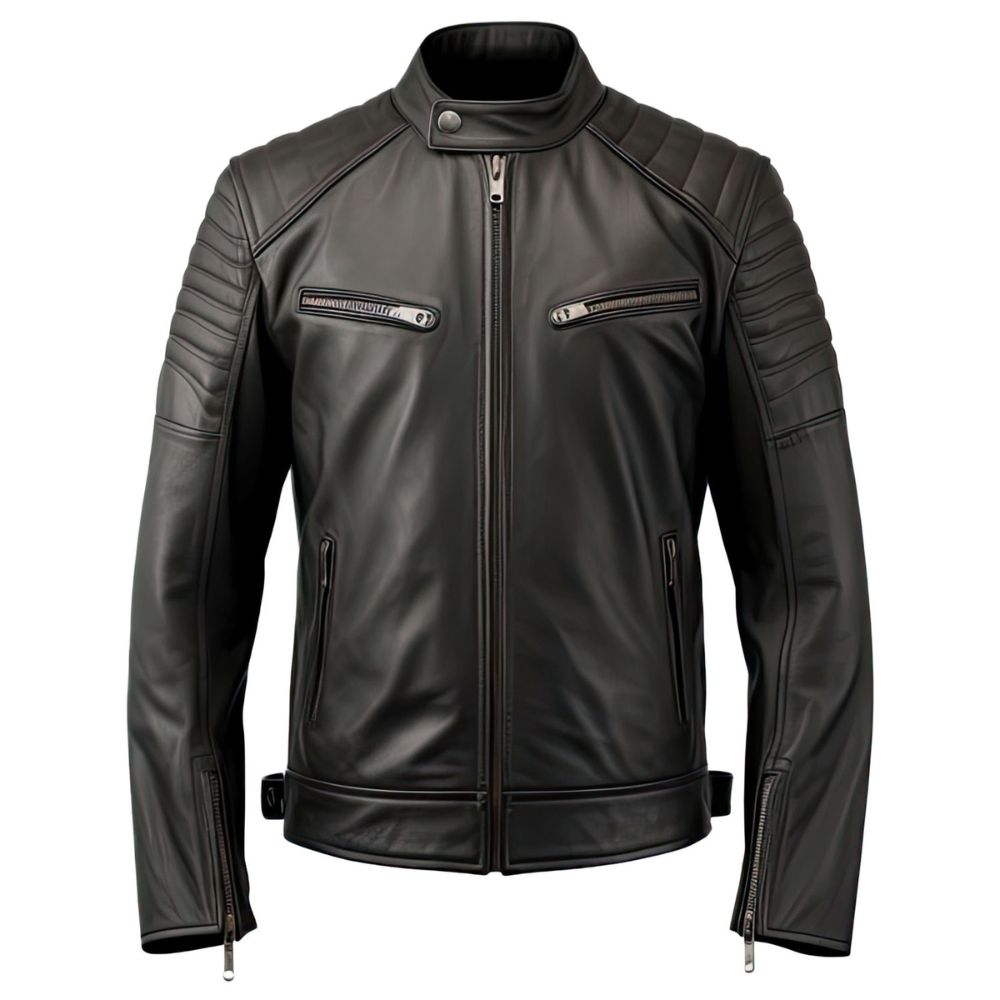 Men's Black Multi-Zipper Biker Genuine Sheepskin Quilted Leather Jacket