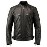 Men's Black Multi-Zipper Biker Genuine Sheepskin Quilted Leather Jacket