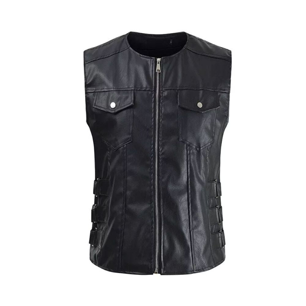 Men’s Black Sleeveless Genuine Lambskin Leather Moto Biker Waistcoat