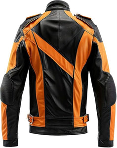 Men's Bold Orange Black Contrast Genuine Sheepskin Biker Style Jacket