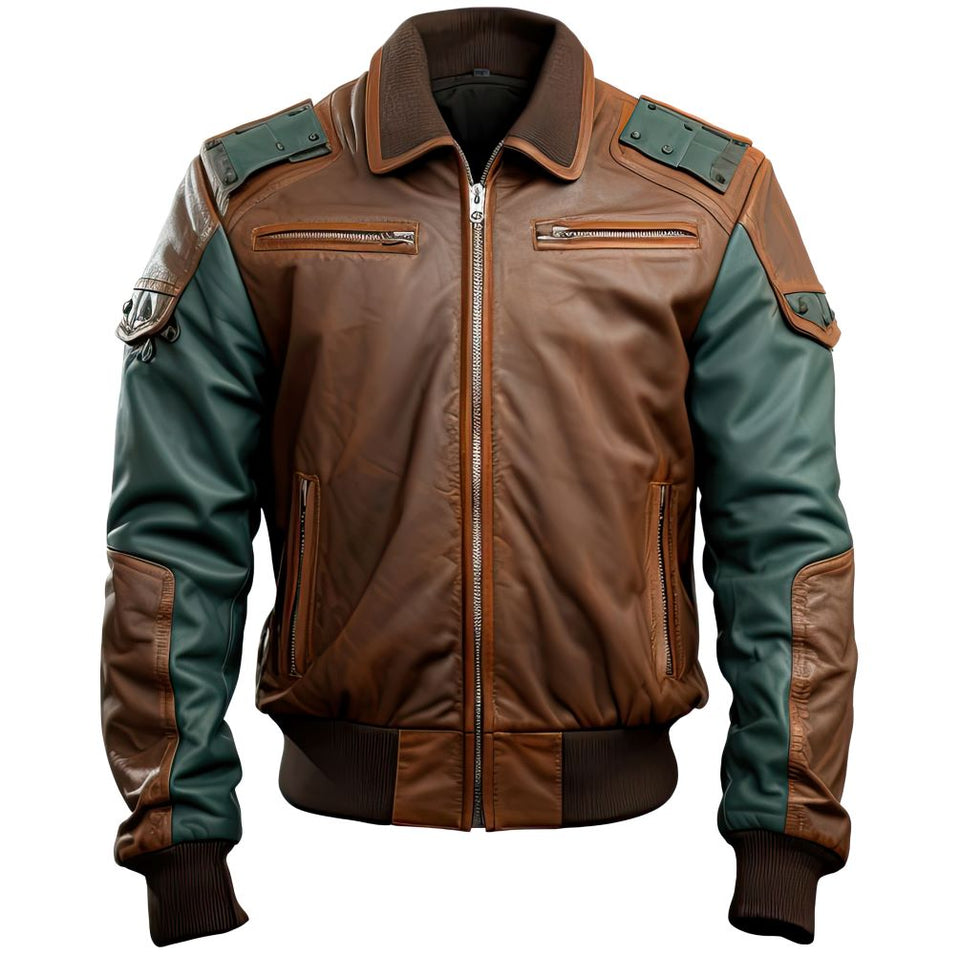 Men’s Brown Patched Bomber Premium Cowhide Moto Racer Leather Jacket