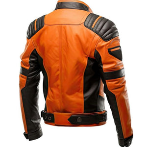 Men’s Orange Quilted Genuine Sheepskin Motorcycle Leather Jacket