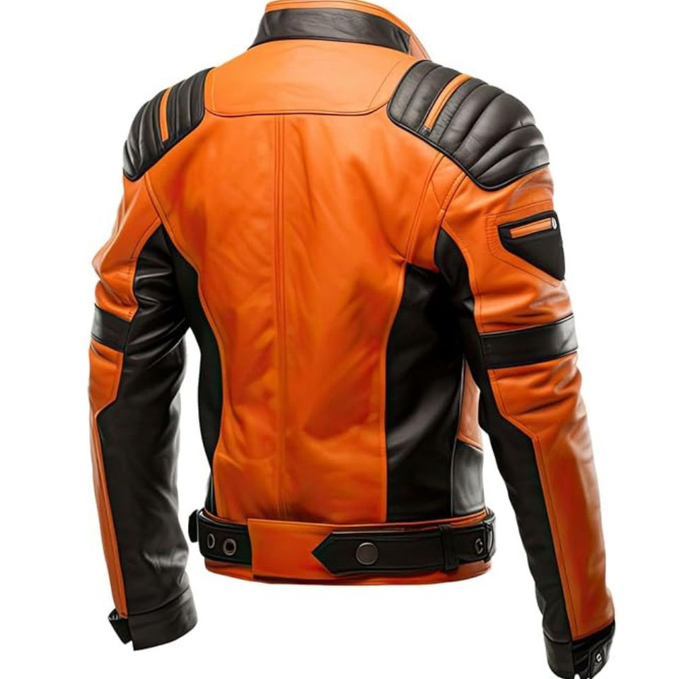 Men’s Orange Quilted Genuine Sheepskin Motorcycle Leather Jacket